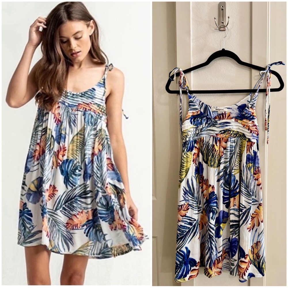 Rip Curl Boho Mini Sun Dress with Tie Straps - White, Blue, Orange - Size XS
